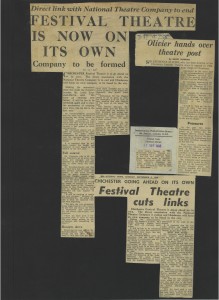 Newspaper articles relating to the splitting of Chichester Festival theatre and the National Theatre Companies. (Click to view bigger version)